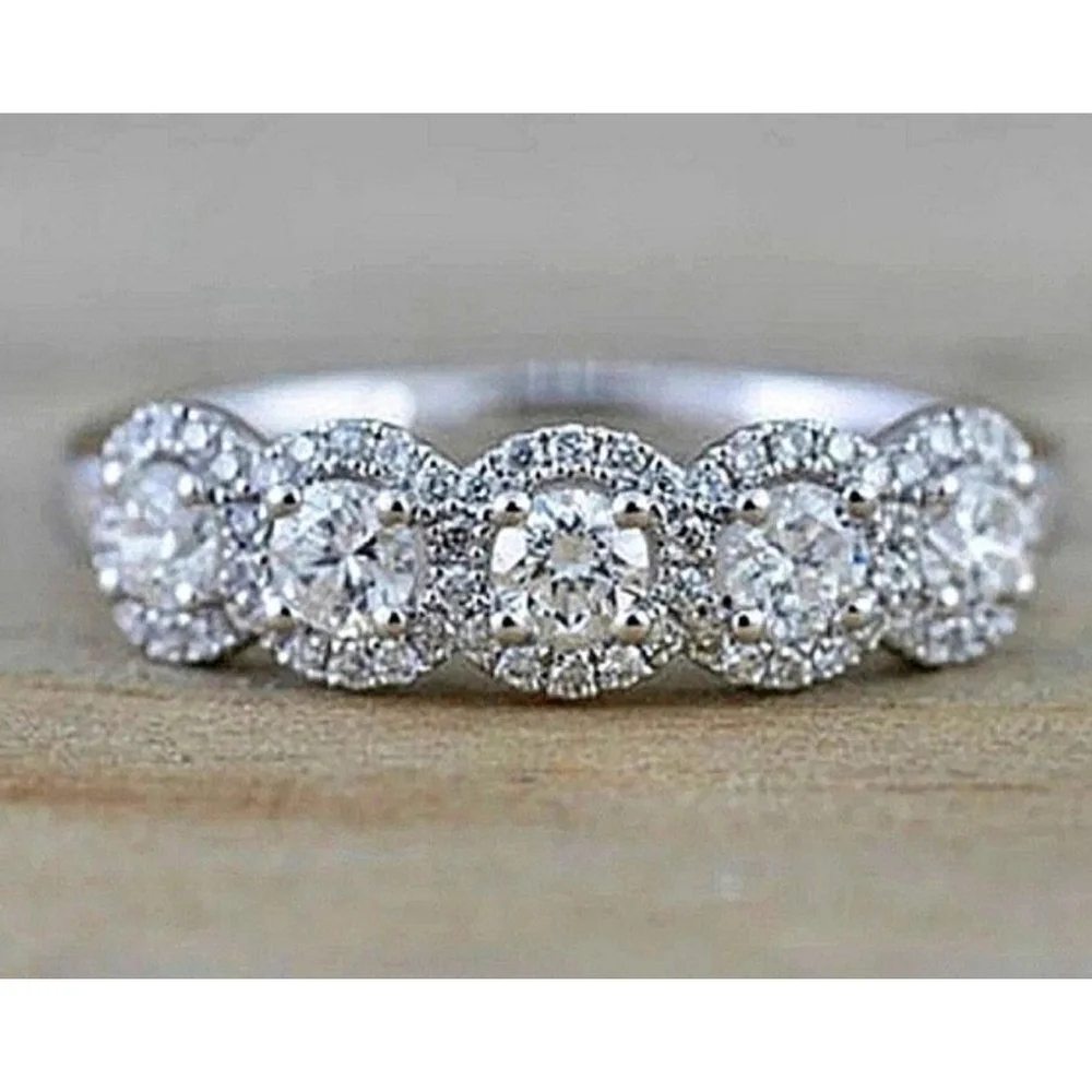 5‎ Stone Halo Simulated Diamond Ring | Platinum Plated Sterling Silver